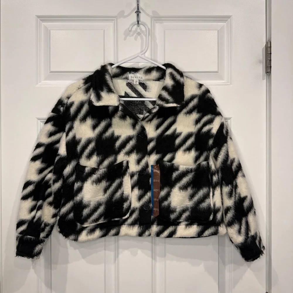 Btween Girls Black White Houndstooth Fuzzy‎ Shacket Jacket Size 10 LG 10/12